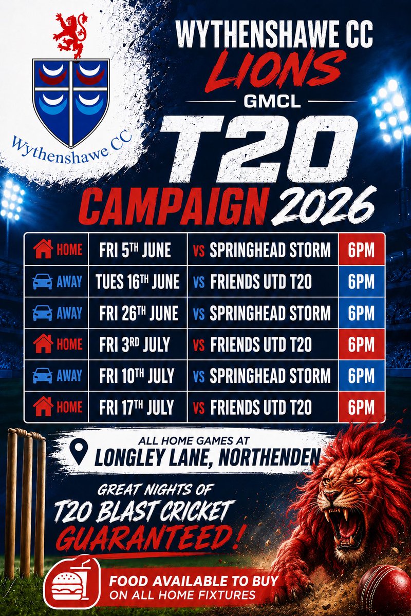 wythycc_sports's tweet photo. Countdown is now on…Wythenshawe Lions begin their T20 ‘26 Campaign on Fri 5th June here at home 6pm (straight after All Stars!) 
then Fri 3rd &amp; 17th July 6pm 
Great T20 Blast atmosphere, food &amp; drink available.
Children MUST be supervised at ALL times on the ground - thanks 🏏 https://t.co/SopjOMes2t