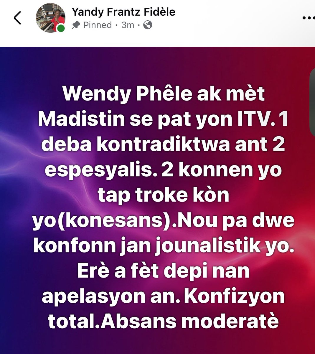 yandyfidel's tweet photo. On ne mélange pas les genres journalistiques. À chaque genre son format. La prochaine fois Wendy se devra un plateau approprié avec un modérateur de la trempe de Jean Baptiste Remarais, Roberson Alphonse, Hérold Jean François… où chaque connaisseur argumentera. https://t.co/ZPN6lZw2JO