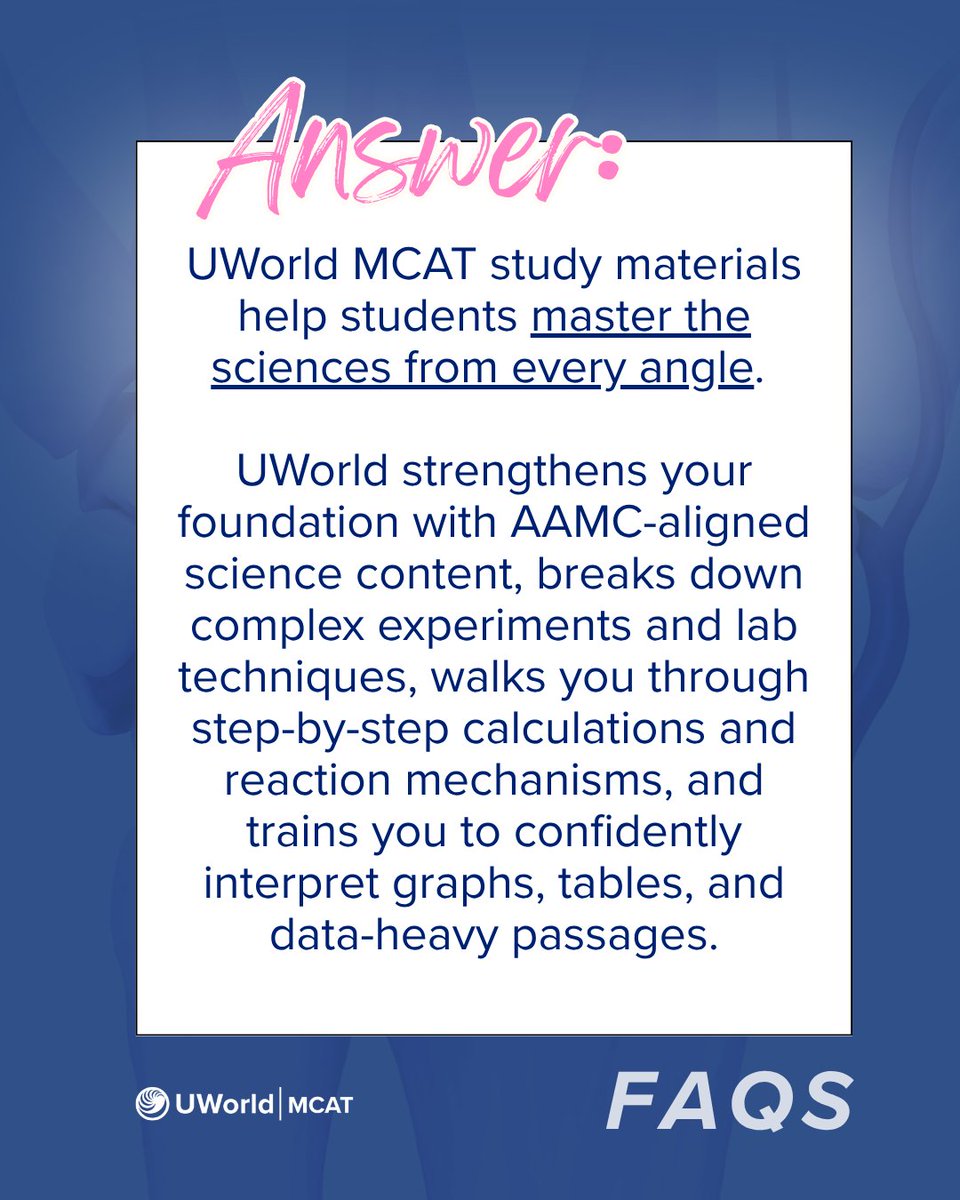 UWorldMCAT's tweet photo. UWorld MCAT® turns your weakest science subject into a strength. With AAMC-aligned content, step-by-step breakdowns, and data interpretation practice, science concepts start to click. 

Tap the link below to try the resource 515+ scorers rely on.
https://t.co/tNmbfZDwQp https://t.co/dposudNqAw