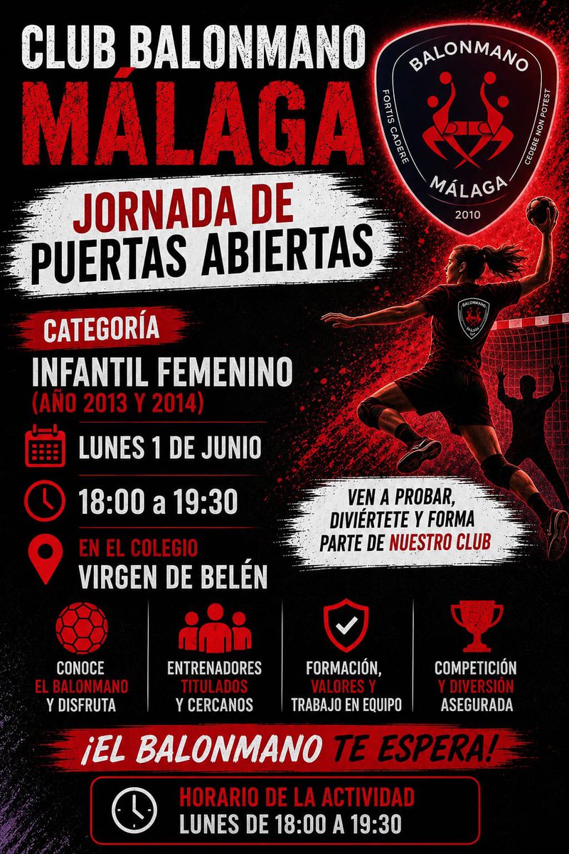 ClubBMMalaga's tweet photo. 🤾‍♀️ ¡JORNADA DE PUERTAS ABIERTAS! 🤾‍♀️
¿Naciste en 2013 o 2014? ¿Te apasiona el deporte o quieres probar algo nuevo y emocionante? ¡Esta es tu oportunidad! El Club Balonmano Málaga te invita a formar parte de nuestra gran familia.
Ven a probar, diviértete y descubre BALONMANO https://t.co/C9ccYj5K2f