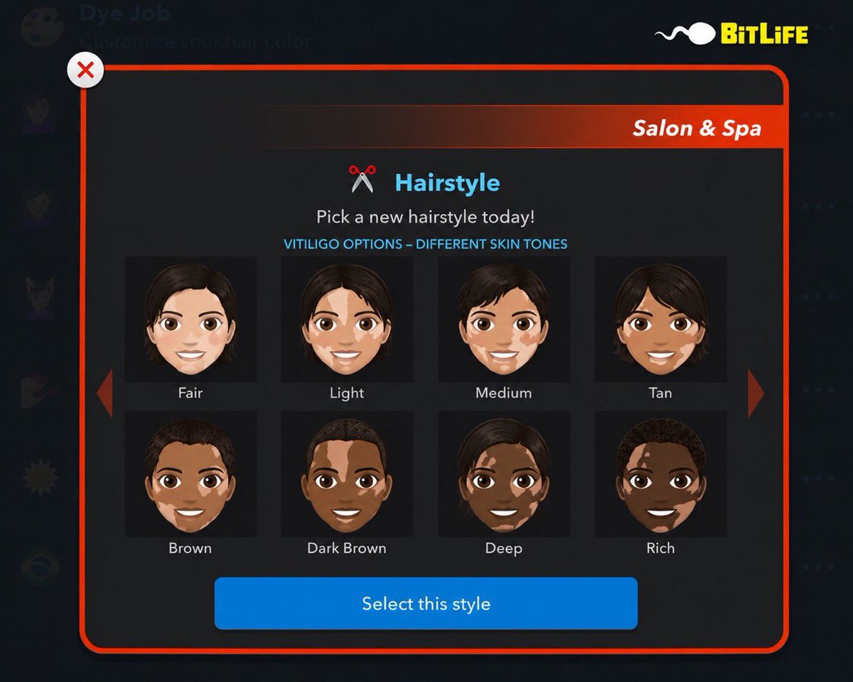 kenjaeda's tweet photo. @BitLifeApp I'd like to see vitiligo added as an appearance option in BitLife character customization. It would improve representation and allow more players to create characters that look like themselves. https://t.co/ItMPIgEvaf