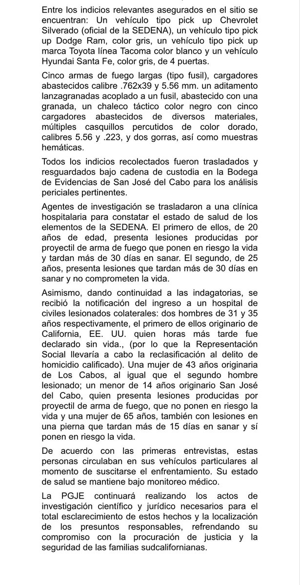 PGJEBCS's tweet photo. La @pgje_bcs inició carpeta de investigación por homicidio calificado en grado de tentativa tras hechos ocurridos en San José del Cabo la medianoche del sábado. Se aseguraron armas de alto calibre, equipo táctico y vehículos. Se reportan 5 lesionados bajo atención médica. https://t.co/A54IPVjpUG