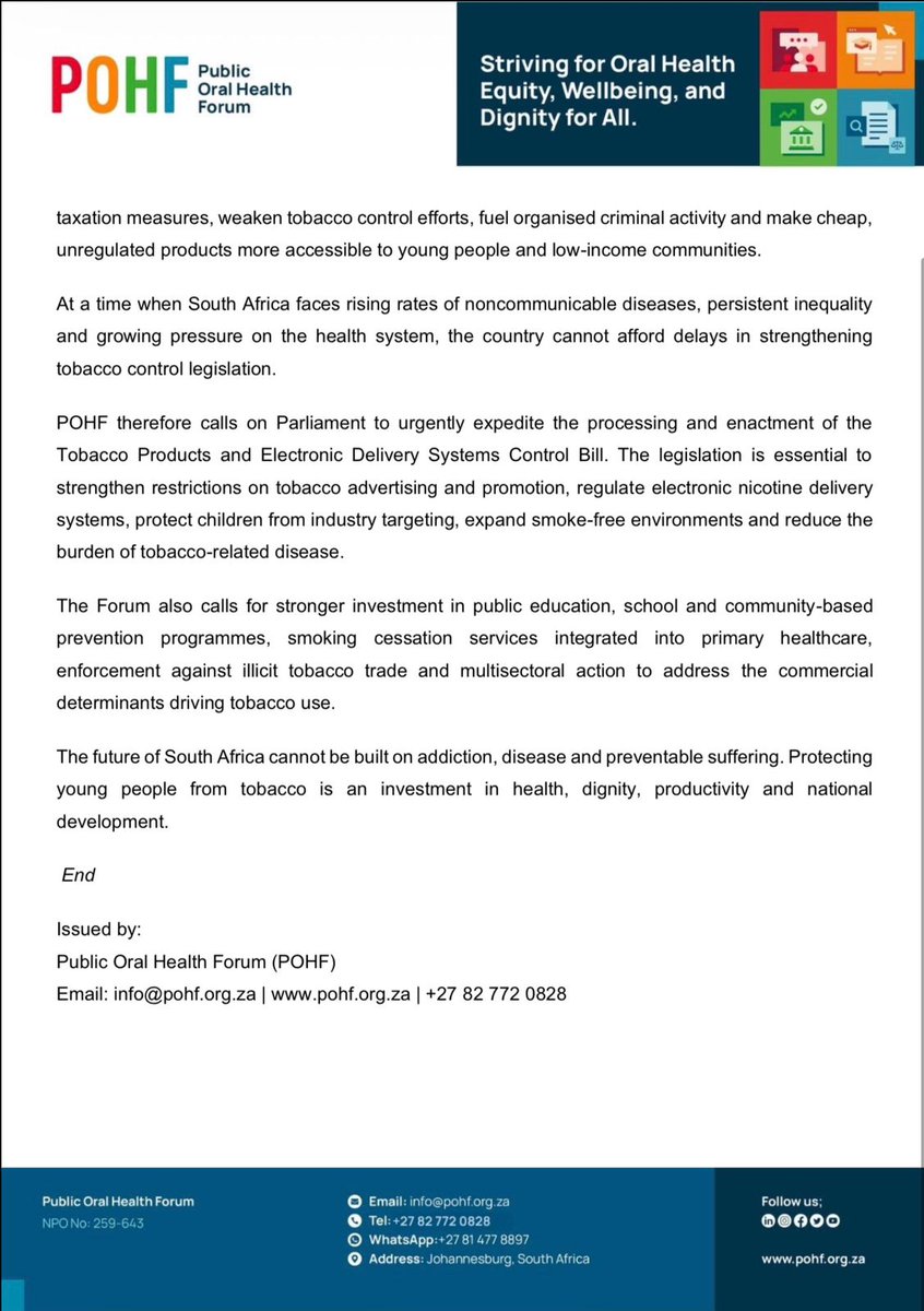 POHF_SA's tweet photo. consequences.
We also call on @ParliamentofRSA to urgently pass the Tobacco Products and Electronic Delivery Systems Control Bill &amp; strengthen action against the illicit tobacco trade.
Protecting young people from tobacco is an investment in health, dignity and our future. https://t.co/pLTtTZ7Vwm