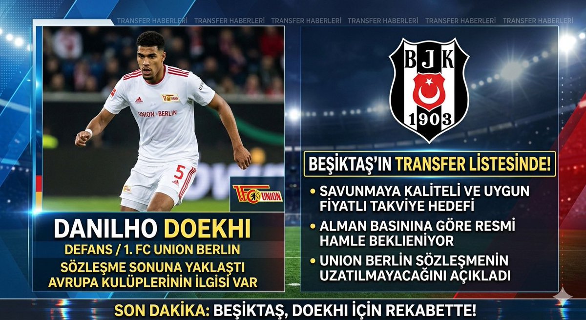 dumensports's tweet photo. Beşiktaş'ın, Union Berlin'de forma giyen Danilho Doekhi'yi transfer listesine aldığı bildirildi. Alman basınında yer alan haberlere göre Beşiktaş, savunmasını kaliteli ve uygun fiyatlı bir oyuncuyla güçlendirmeyi hedefliyor. Union Berlin, Danilho Doekhi'nin sözleşmesinin uzatılmayacağını resmen açıkladı. Sözleşmesinin sonuna yaklaşan Doekhi'nin birçok Avrupa kulübünün ilgisini çektiği ve Beşiktaş'ın da transfer için onlarla rekabet edeceği belirtiliyor. Beşiktaş'ın yakın gelecekte oyuncu için resmi bir hamle yapıp yapmayacağı şu an için bilinmiyor.