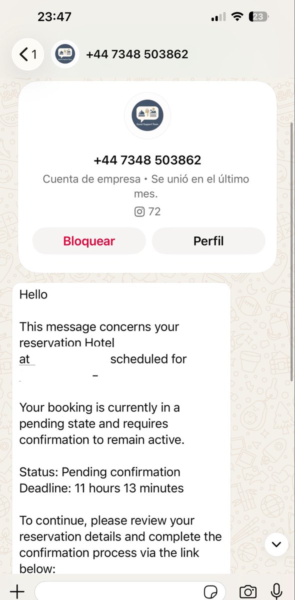 yoonixbts's tweet photo. @arthec76 @MoonIm24 Mi información también estaba completa y estaba bien, por suerte dude desde un principio que me hablara un número con el prefijo +44 y no el +34 siendo el hotel español, así que reporte y bloqueado, adjunto el dichoso numerito https://t.co/V4BugoKBbv