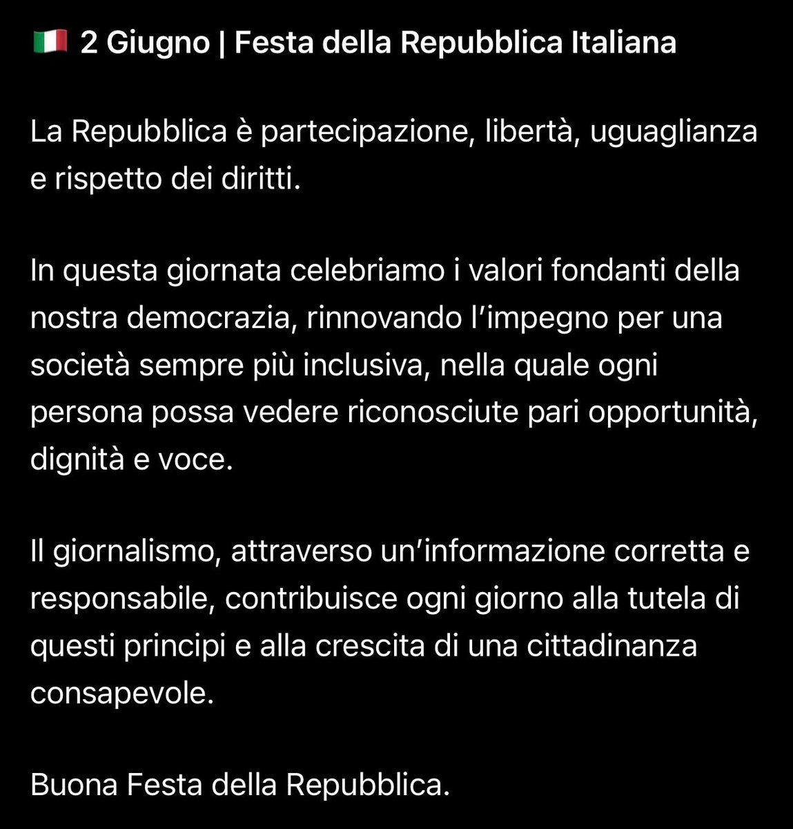 cpo_odgcampania's tweet photo. 🇮🇹 2 Giugno | Festa della Repubblica Italiana

#FestadellaRepubblica #2Giugno #PariOpportunità #cpo #OrdineDeiGiornalisti #Giornalismo #Inclusione #Diritti #Campania #Democrazia #Libertà #Uguaglianza https://t.co/0q6J2OhAmg