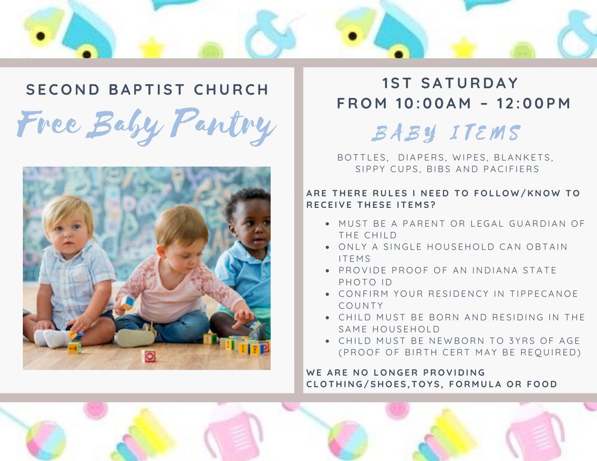 SecondBaptLaf's tweet photo. Have you heard about our Baby Pantry? It's happening this Saturday from 10:00 a.m. to noon at the church. This event is a wonderful opportunity for us to care for the infants in our community. Please share this post so we can assist even more babies! https://t.co/RlVUyR7v9B