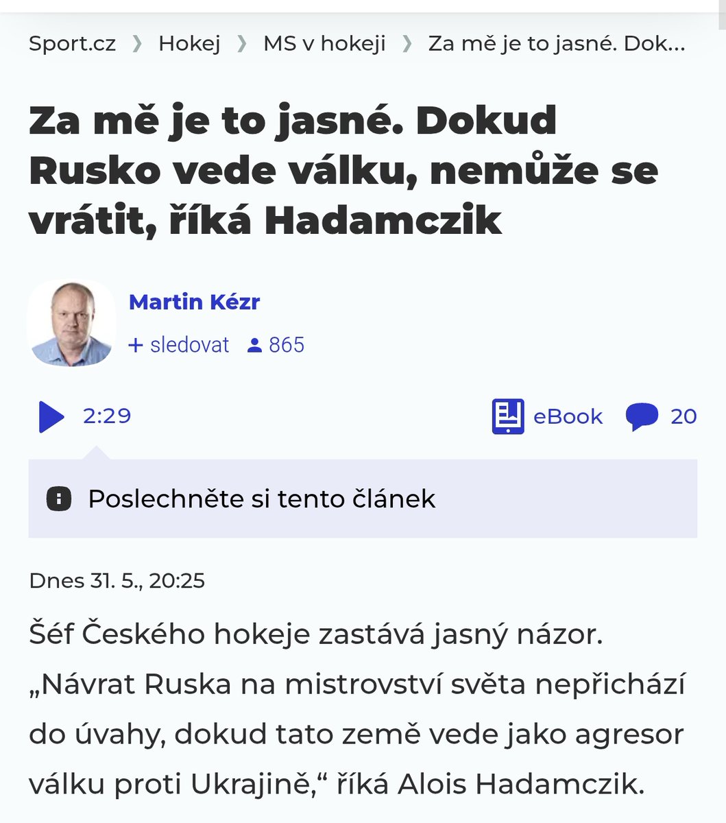 RampaRobert15's tweet photo. Správný postoj. 

Je dobře, že Alois Hadamczik už neřeší, jakými luxusními auty Ukrajinci v Česku jezdí. Ve středu se snad dočkáme i stanoviska výkonného výboru svazu.

Před několika týdny jsem tu psal o tom, že NHL byla informována evropskými zeměmi o postoji k účasti Ruska na Světovém poháru 28. Ono do sebe všechno zapadne.