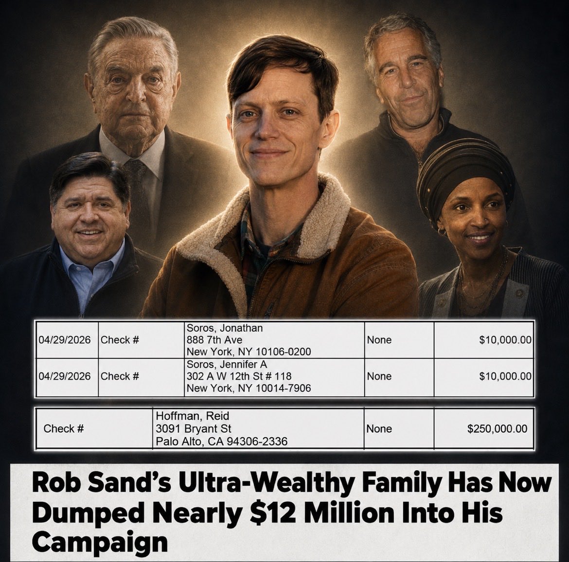 HawkGuyEnjoyer's tweet photo. @RobSandIA You accepted $13,500,000 from your father in law for exchange for god knows what, money from Epstein’s best friend, George Soros, and the Illinois governor. That’s corruption you retard https://t.co/Jg6FgtKG5D