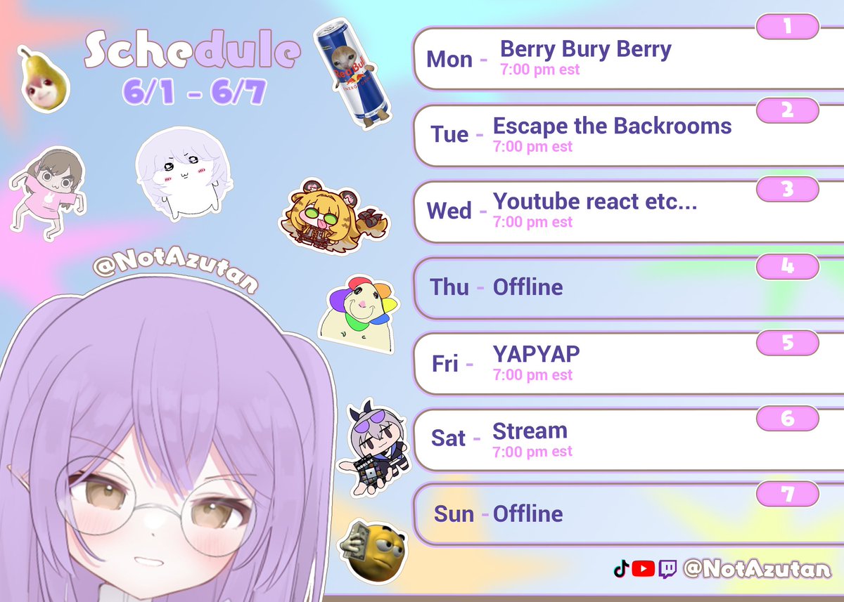 NotAzutan's tweet photo. Schedule for June 1st - 7th! Lots of fun things this week! I stream on Twitch, Youtube and TikTok! https://t.co/3vME8j533o https://t.co/kkleLp0WOT