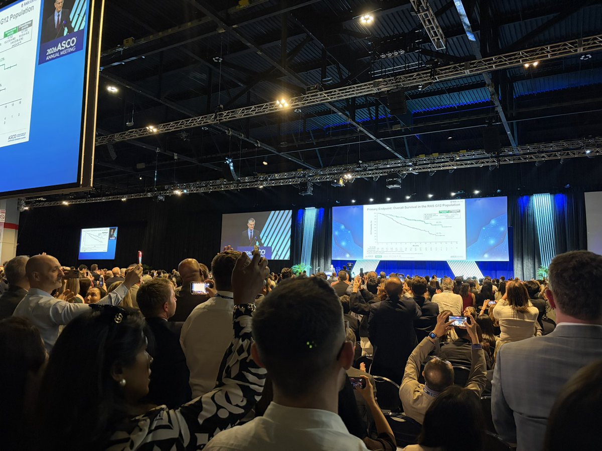adamfeuerstein's tweet photo. Incredible #ASCO26 moment.

Dr. Brian Wolpin, presenter of the daraxonrasib study, received a standing  ovation DURING his talk after he stated the survival benefit for PDAC patients. It was sustained. Cheering. I have never see anything like it in the middle of a talk. $RVMD https://t.co/I2wQfDqsvh