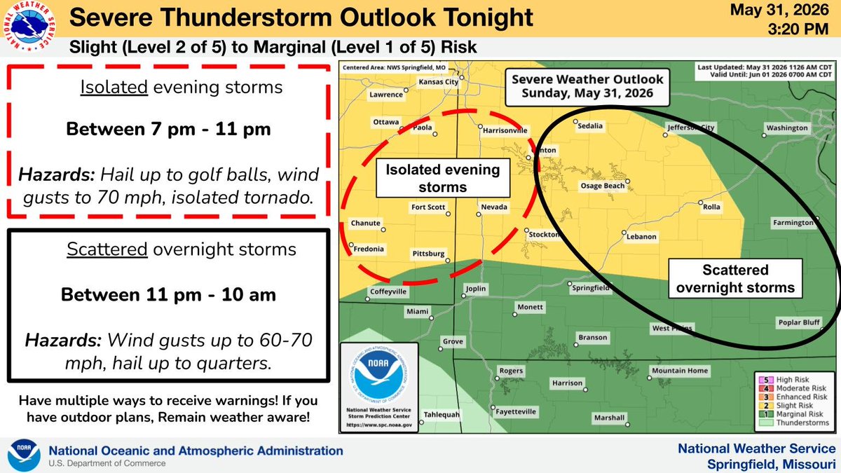 NWSSpringfield's tweet photo. Isolated storms will form across eastern Kansas and western Missouri this evening before becoming more widespread across central Missouri and the eastern Ozarks overnight. A few of these storms could be strong to severe, capable of producing large hail and damaging winds. https://t.co/WiHaYeKQec