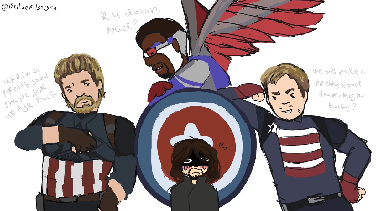 Beelzebub2314's tweet photo. bucky cant decide which captain america to choose.....
#stucky #sambucky #winteragent https://t.co/xyoQRKzyPb