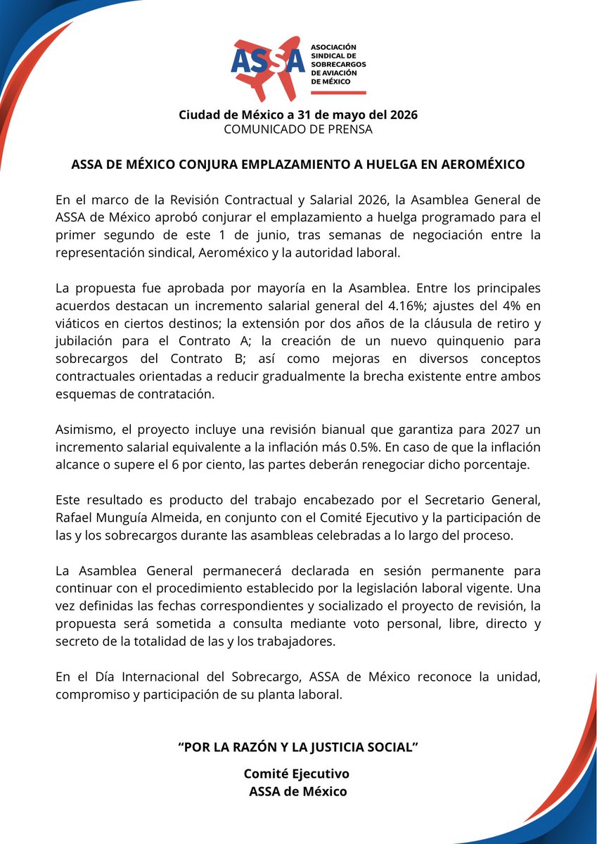 ASSA_MX's tweet photo. Se conjura emplazamiento de huelga en Aeroméxico. https://t.co/GF8egKJ56S