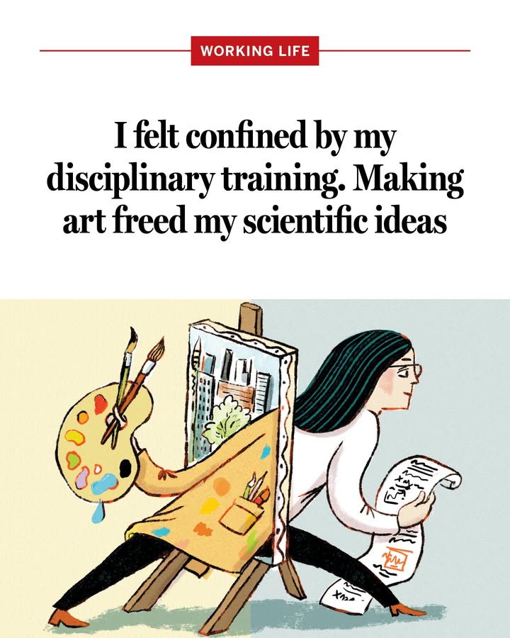 ScienceMagazine's tweet photo. "Before making art, I was mentally tied to a narrower perspective: the idea that 'this is my scientific training, and this is how I am supposed to use that training to solve scientific problems'—a box I was not even aware of being inside. By breaking out of that box, I found a new joy in research." #ScienceWorkingLife https://t.co/I7FSEka7CO