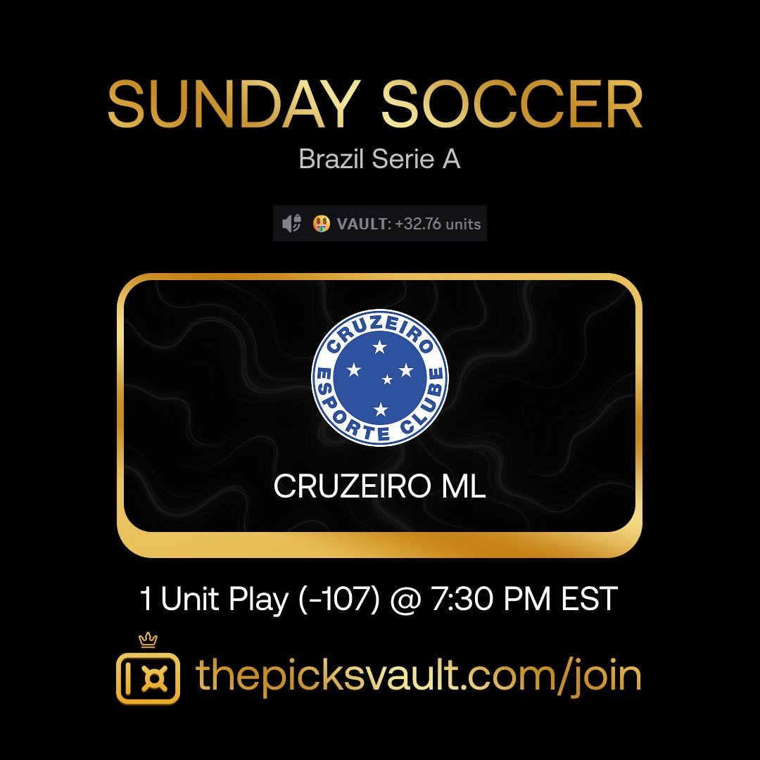 thepicksvault's tweet photo. ⚽️SOCCER SUNDAY PICK
🇧🇷 CRUZEIRO ML (-107)
‼️VS FLUMINENSE @ 7:30 PM EST

Home-field advantage, in-form, and the better record over the last 5 H2H matches - Cruzeiro looks ready to dominate tonight against a depleted Fluminense side.

#ThePicksVault #FootyPicks #SportsBettingX https://t.co/zYpFpChJsW