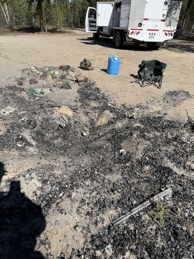 NWTFire's tweet photo. WILDFIRE UPDATE - May 31, 2026 – 2:15pm: 1 new fire as of this update in the North Slave. 

🔥Fires
2026WB004: The Government of Northwest Territories continues providing mutual aid with air support and are mobilizing wildfire crews to assist Parks Canada in ongoing, coordinated response. For details on the fire and actions to manage it, visit : https://t.co/jrN8EcvhZV 

Sprinklers are being maintained on values at Grande Détour and north of Salt River by GNWT wildfire management staff as a precaution. 

ZF002 (Cameron River) : A large campfire was abandoned with heat and smouldering still underway near Cameron River. It was discovered by a wildfire crew on patrol on the Ingraham Trail and extinguished without incident. These incidents, which happen almost every year at this time, are a ticking timebomb. Fire weather conditions were critical yesterday and if embers made it to the bush, fire could have moved quickly. The scene is pictured below. 

SS001 (Overwinter fire activitiy north of Fort Providence) : Over recent dry, windy days, wildfire crews have continued following up on their work to target hotspots picked up from overwinter scanning. No remaining smoke or heat picked up, which is good news. They are continuing to check hotspots they worked to ensure they are completely extinguished over the coming days. 

🌡️Weather
FIRE WEATHER WARNING : WARMING AND DRYING TREND, LOW RELATIVE HUMIDITY THROUGH MID-WEEK BEGINNING MONDAY – NORTH SLAVE, SOUTH SLAVE, DEHCHO REGIONS. 

Cooler conditions across the North and South Slave regions today – with some rainfall possible through the Fort Smith area. Of particular note – some rain may make its way onto fire WB004, which would be welcome assistance to firefighters in their efforts. 

Monday, a return to challenging fire weather is expected – with low levels of moisture in the air, higher temperatures, and no rain through the middle of the week in the forecast. A rapid increase in fire danger is expected – meaning fire could move quickly through the forest if it starts, and be challenging to fight. Be careful with any use of fire on the land and stick to any local fire bans in place. 

💪Prepare now
Remember – the best time to take FireSmart action is before a wildfire is on your doorstep. Follow our guide to FireSmart at your home, cabin, or business to protect what you value most : https://t.co/yACWzQ2lmk

Report new fires to 1-877-NWT-FIRE (698-3473).

Follow us here or visit https://t.co/MtvTM0ofro for the latest – or give an on-call Fire Information Officer a shout at 867-445-5484 if you prefer.
