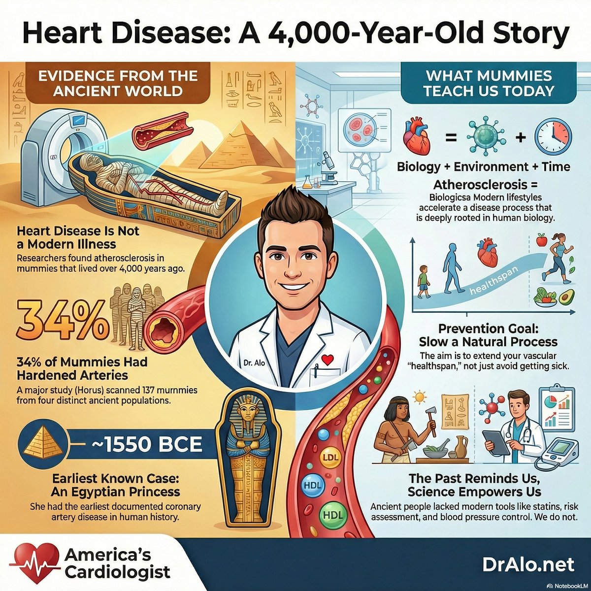 MohammedAlo's tweet photo. 🚨 What if heart disease is not a modern lifestyle disease at all?

Mummies from Egypt, Peru, and the American Southwest all show calcified arteries.

These people never touched a drive-through, a cigarette, or a bag of processed chips.

But the data says this problem runs far deeper than your diet.

And no, they are not just outliers.

I am a board-certified cardiologist.

I have spent my career treating patients who do everything right and still develop atherosclerosis.

This research stopped me cold.

Here is what the science actually says.

🔬 The Horus Study scanned 137 mummies across four ancient populations:

Egyptian mummies dated 3800 BCE to 364 CE

Peruvian mummies dated 200 to 1500 CE

Ancestral Puebloans from the American Southwest

Hunter-gatherer populations from the Aleutian Islands

✅ HORUS STUDY: Probable or definite atherosclerosis found in 47 of 137 mummies. That is 34%.

✅ HORUS STUDY: Atherosclerosis identified in all four populations regardless of diet, geography, or lifestyle.

✅ HORUS STUDY: The oldest confirmed case of atherosclerosis dated to a woman who died approximately 3500 years ago.

💓 These populations had zero industrial food.

No seed oils.

No refined sugar at industrial scale.

No sedentary desk jobs.

Many were hunter-gatherers walking 10 to 20 miles daily.

And their arteries still hardened.

That matters because it obliterates the idea that diet alone caused the cardiovascular epidemic we face today.

🔬 What drove ancient atherosclerosis:

Chronic infection and systemic inflammation from untreated wounds and parasites

Smoke inhalation from open fires used for cooking and heating

Genetic predisposition to elevated LDL and ApoB particles

Lipoprotein(a) elevation requiring no modern diet to manifest

Chronic stress from predation, famine, and warfare

⚠️ This is not permission to eat whatever you want.

Modern diet and lifestyle accelerate a process that already existed in human biology.

We took a slow-burning fire and poured fuel on it.

🩺 The distinction that matters clinically:

Ancient populations showed atherosclerosis concentrated in major arteries, primarily the aorta and coronary arteries, at rates around 34%.

Modern Western populations show atherosclerosis in the same vessels at rates exceeding 70% by age 65 in autopsy studies.

We did not invent the disease.

We perfected it.

🔸 What the ancient data cannot excuse:

Smoking doubles plaque progression rate

Insulin resistance accelerates vascular inflammation by 3 to 5 times baseline

Untreated hypertension adds mechanical stress that ruptures existing plaque

Elevated ApoB in a modern high-calorie environment is catastrophically more dangerous than in a calorie-scarce ancient one

❌ Blaming only processed food will not save you.

❌ Blaming only sedentary living will not save you.

❌ Blaming only stress will not save you.

The tools with the strongest data are unsexy, free, and require your participation.

A patient who measures their ApoB, checks their Lipoprotein(a) once, controls blood pressure, and treats inflammation early can halt plaque progression in 12 to 24 months.

That is the difference between a stable artery and a ruptured plaque at age 52.

❤️ Bottom line:

Heart disease is not a modern invention. It is an ancient human vulnerability we have made catastrophically worse.

The Horus Study scanned 137 mummies across four civilizations separated by thousands of years and found the same arterial disease in all of them.

Know your ApoB. Know your Lipoprotein(a). Treat inflammation. Control blood pressure. Do not wait for symptoms.

You can identify and interrupt this process years before it kills you.

The question is no longer whether your lifestyle caused this entirely. The question is whether you are accelerating a process already written into human biology.

Are you paying attention to the numbers that actually predict your risk?

#Cardiology #HeartDisease #HeartHealth #CardiovascularHealth #Atherosclerosis #ApoB #Lpa #AncientMedicine #PreventiveCardiology #MetabolicHealth