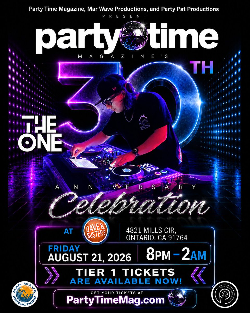 partytimemag's tweet photo. Party Time Magazine
Mar Wave Productions &amp; Party Pat Productions
present

Party Time Magazine's
30 Year Celebration

Hosted by the Godmother of House Music Womina Wells

Sounds by
Michael Trance
Valos
The One

Dave &amp; Buster’s
4821 Mills Cir
Ontario, CA

Friday August 21st
8pm-2am https://t.co/xo1OpfTBs5