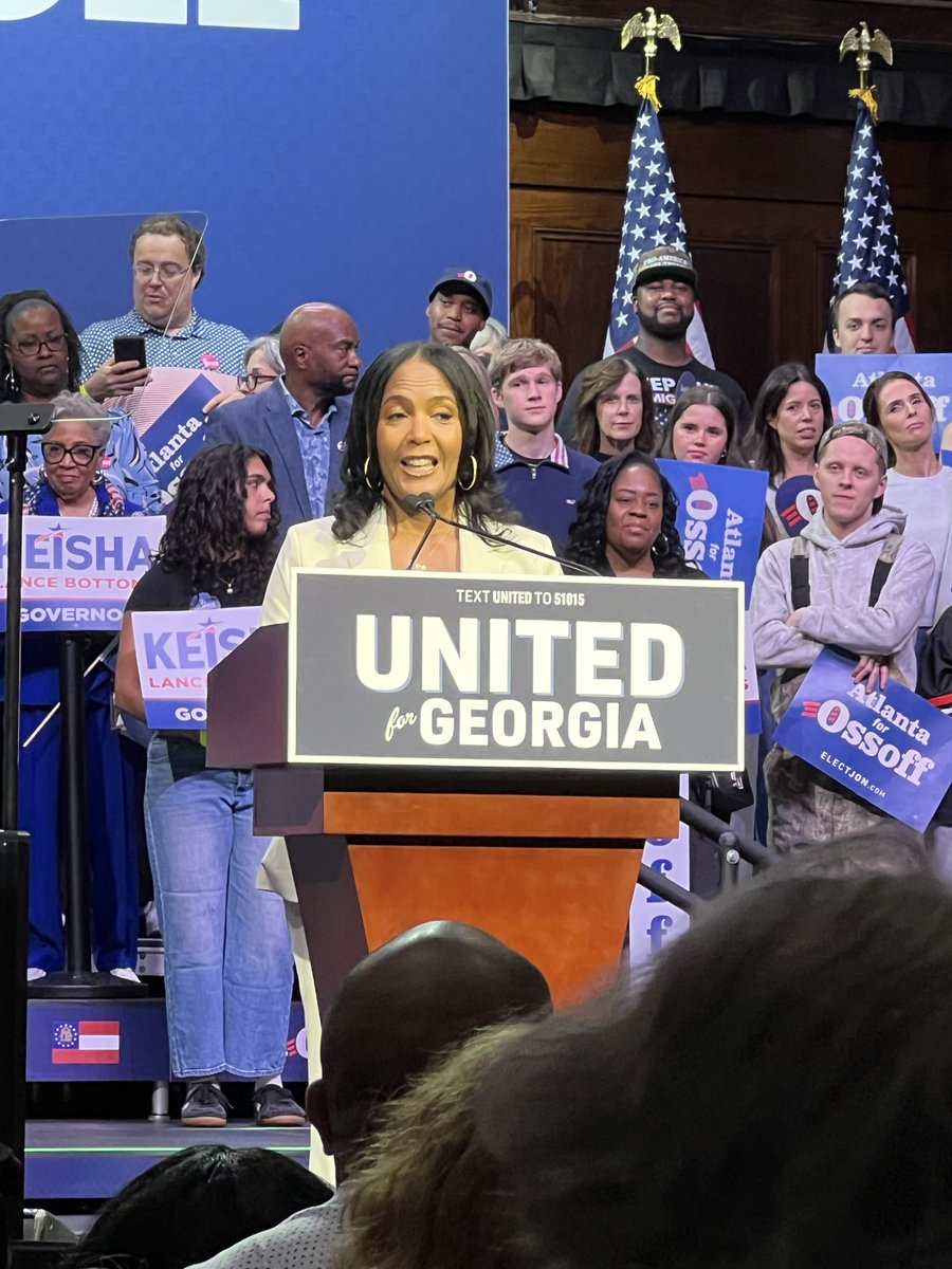 MurphyAJC's tweet photo. Keisha Lance Bottoms takes the stage and goes after Burt Jones and Rick Jackson right away: “While we may have to sit through another two and a half weeks of their attacks on one another, and even me, we already know we're running against Trump's do-boys.” https://t.co/PxgNx4zRgE