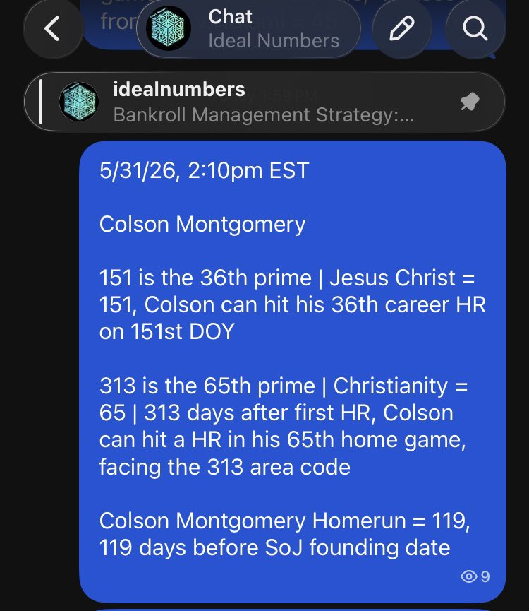 numbersideal's tweet photo. Colson Montgomery✝️✅

151 is the 36th prime | Jesus Christ = 151, Colson hits his 36th career HR on 151st DOY

313 is the 65th prime | Christianity = 65 | 313 days after first HR, Colson hits a HR in his 65th home game, facing the 313 area code

Colson Montgomery Homerun = 119, 119 days before SoJ founding date

#MLB #WhiteSox #Gematria