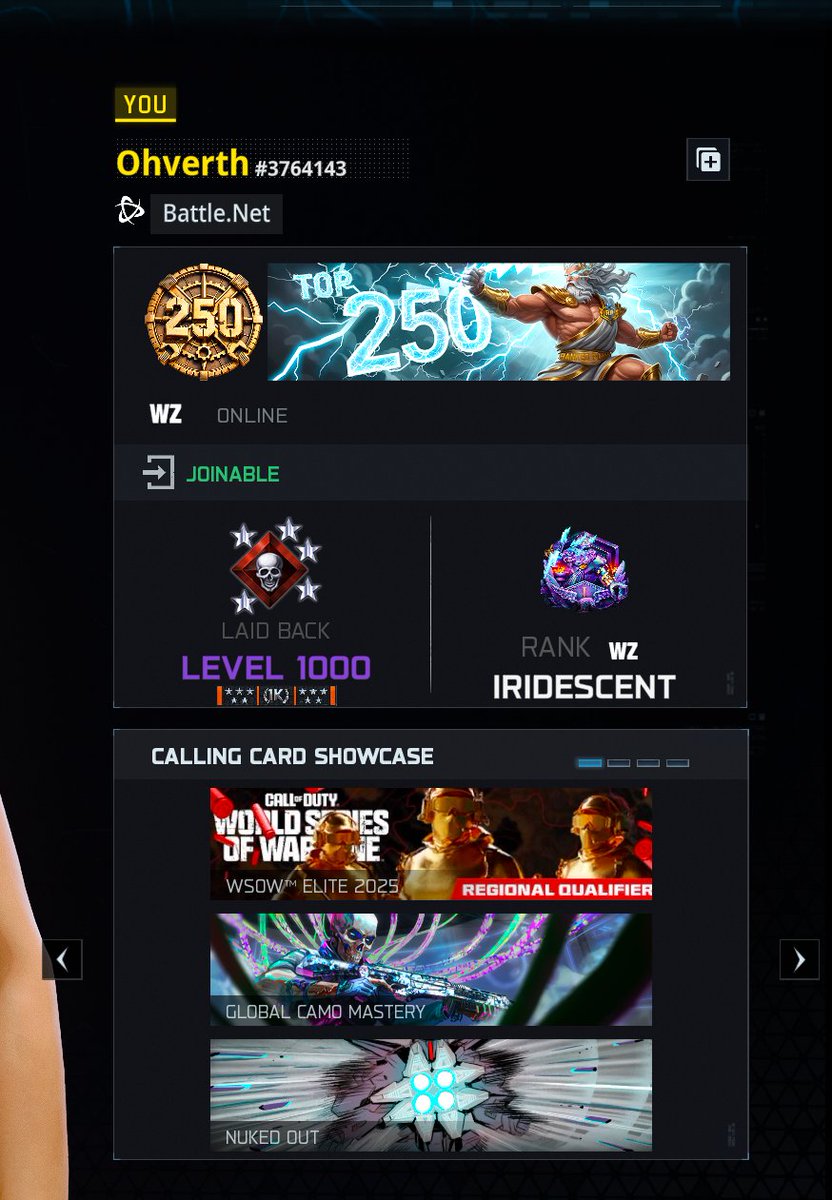 ohverth's tweet photo. Selling main account: 

All 4 Mastery Camos + lvl 1000
Some weapons lvl 250 
T250 szn 6 bo6 and szn 2 bo7 
Iri rest of seasons 
Regional qualifier 2025
All mastery camos bo6 + lvl 1000
resurgence 50 wins szn 1 + szn 3 camo
2 Name Change Token

Whitelisted acc from 2020
DM https://t.co/E5BvxVnlG0