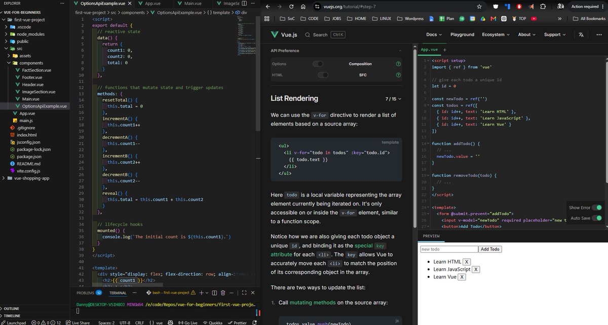 dannykryan's tweet photo. Day 45 of #100DaysOfCode
More Vue tinkering! I thought I'd start actually reading through the official docs and trying to learn about Vue in their own words, taking my time to mess around in the tutorials, implementing and breaking new features as a learn about them.
There's a lot to learn but I'll keep chipping away. I'd like to have a good idea of the main features and required syntax before I start building something proper.