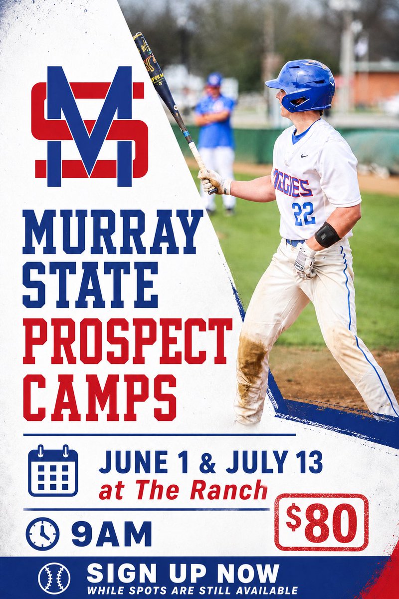 MSC_Baseball's tweet photo. HS Players looking to play at the top next level. 
Murray State is hosting a prospect camp tomorrow at The Ranch in Tishomingo

Spots still available…sign up at the link below: https://t.co/o6TI2cTOTC

Walk Up Registration 8:15am - 9:00am

#LetItLoose https://t.co/JL9Bu5pnc2