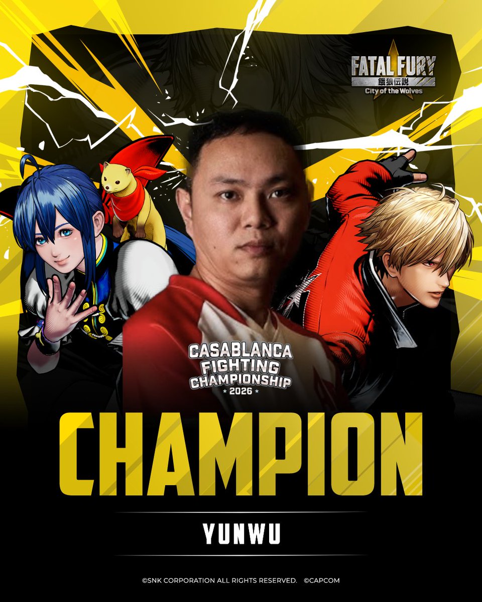 snk_esports_hub's tweet photo. THE FINAL STAGE IS OVER. FATAL FURY: City of the Wolves has officially completed Top 8 at Casablanca Fighting Championship 2026.
The tournament’s best competitors have finished their fight for the trophy:
🥇 YUNWU
🥈 @score33333 
🥉 @nissouma55
🏅 XINGCHEN
🏅 PICCOLO
🏅 @FRZ1X
🏅 @FGC_WOLFMAN
🏅 @GarudaSt
#FatalFury #CotW