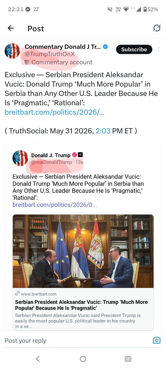 Darkwood0230's tweet photo. @anabrnabic Ladno su napravili profil koji je objavio screenshot "Trampovog posta" i sad će da šeruju taj screenshot. 
Kada se ode na Trampov profil vidi se da taj post ne postoji, a usput je i profilna slika drugačija.
Takođe, nalog koji je to šerovao je napravljen u maju 2026. 😂😂😂 https://t.co/fDZnpX4vGR