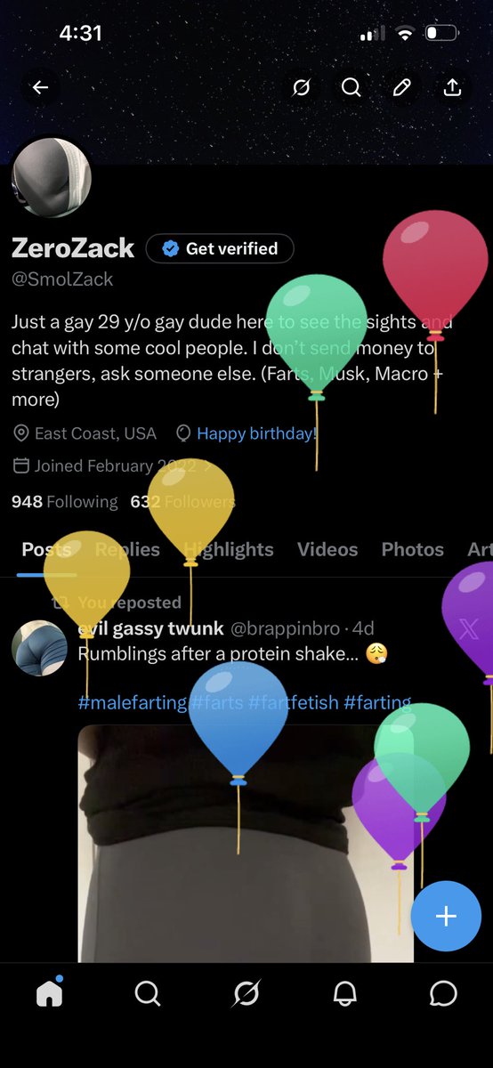 SmolZack's tweet photo. Balloons and shit, yay. Send me gay stuff. Or a boyfriend. Or both. https://t.co/MTEnfNwWd8