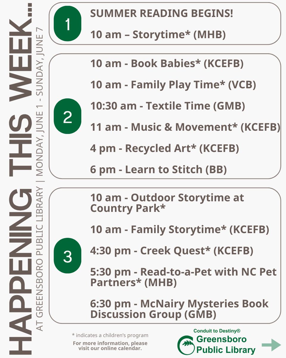 GSOLibrary's tweet photo. Summer reading is here! 😎📖🌞
ℹ https://t.co/v5hYGDIl5i

Check out what’s happening this week (June 1 - 7, 2026) at Greensboro Public Library!

Please visit our online calendar for more information: https://t.co/3aODkIrC9o https://t.co/5RxCHTPHpw