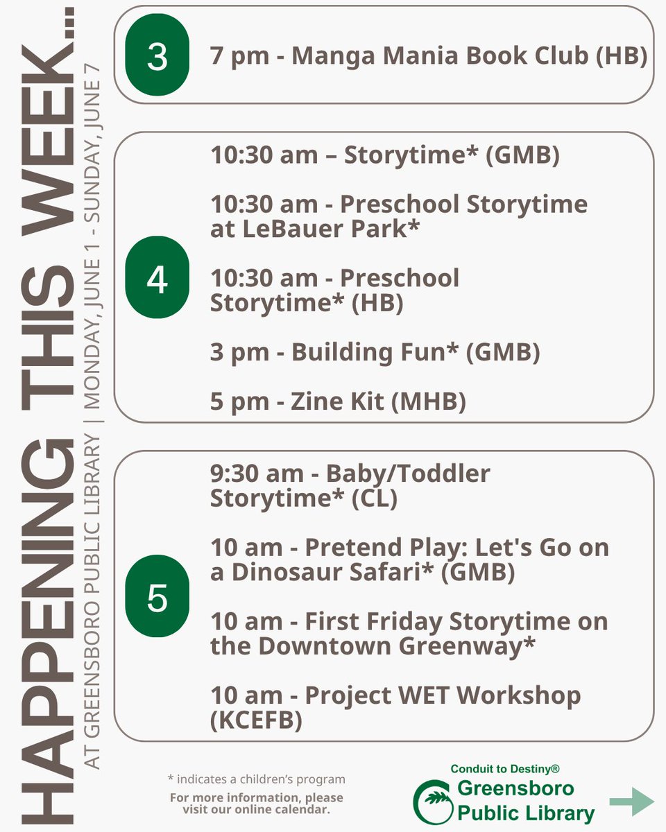 GSOLibrary's tweet photo. Summer reading is here! 😎📖🌞
ℹ https://t.co/v5hYGDIl5i

Check out what’s happening this week (June 1 - 7, 2026) at Greensboro Public Library!

Please visit our online calendar for more information: https://t.co/3aODkIrC9o https://t.co/5RxCHTPHpw