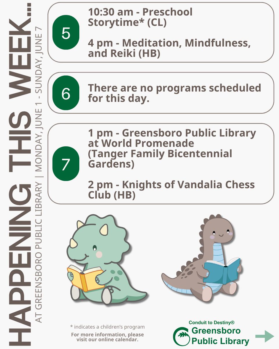 GSOLibrary's tweet photo. Summer reading is here! 😎📖🌞
ℹ https://t.co/v5hYGDIl5i

Check out what’s happening this week (June 1 - 7, 2026) at Greensboro Public Library!

Please visit our online calendar for more information: https://t.co/3aODkIrC9o https://t.co/5RxCHTPHpw