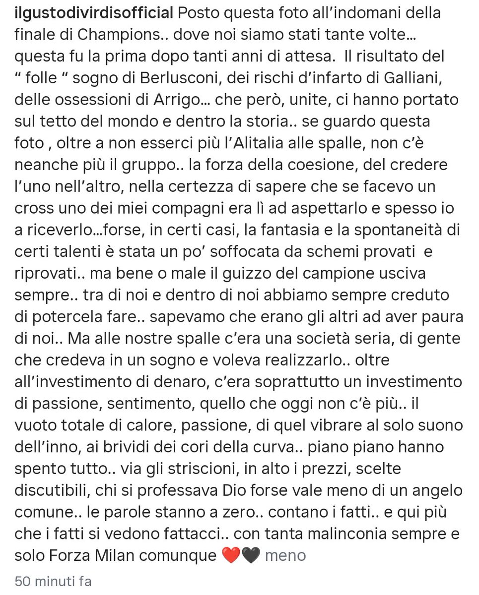 tangorossonero's tweet photo. Nelle parole di Virdis la rabbia e il dolore di tutti noi.

"Piano piano hanno spento tutto.. chi si professava Dio forse vale meno di un angelo comune.. le parole stanno a zero.. contano i fatti.. e qui più che i fatti si vedono fattacci.. sempre e solo Forza Milan comunque". https://t.co/s8YGba1ex4