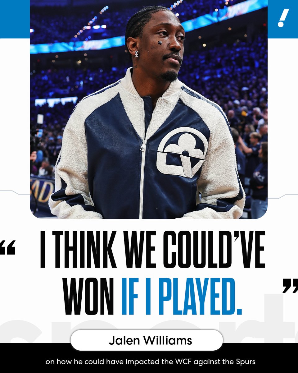 YahooSports's tweet photo. Jalen Williams believes the Western Conference Finals would have gone differently had he been healthy. https://t.co/SRM4C5MdTX