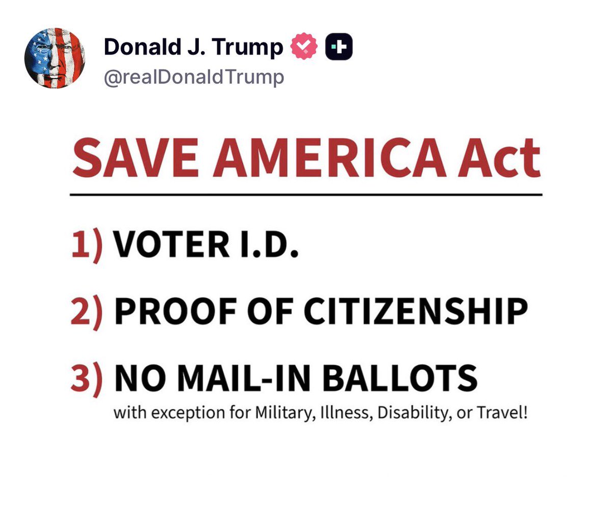 america's tweet photo. President Trump posts in support of The SAVE America Act.

The U.S. Senate must do the will of the people and pass it. https://t.co/JD0N69CGeu
