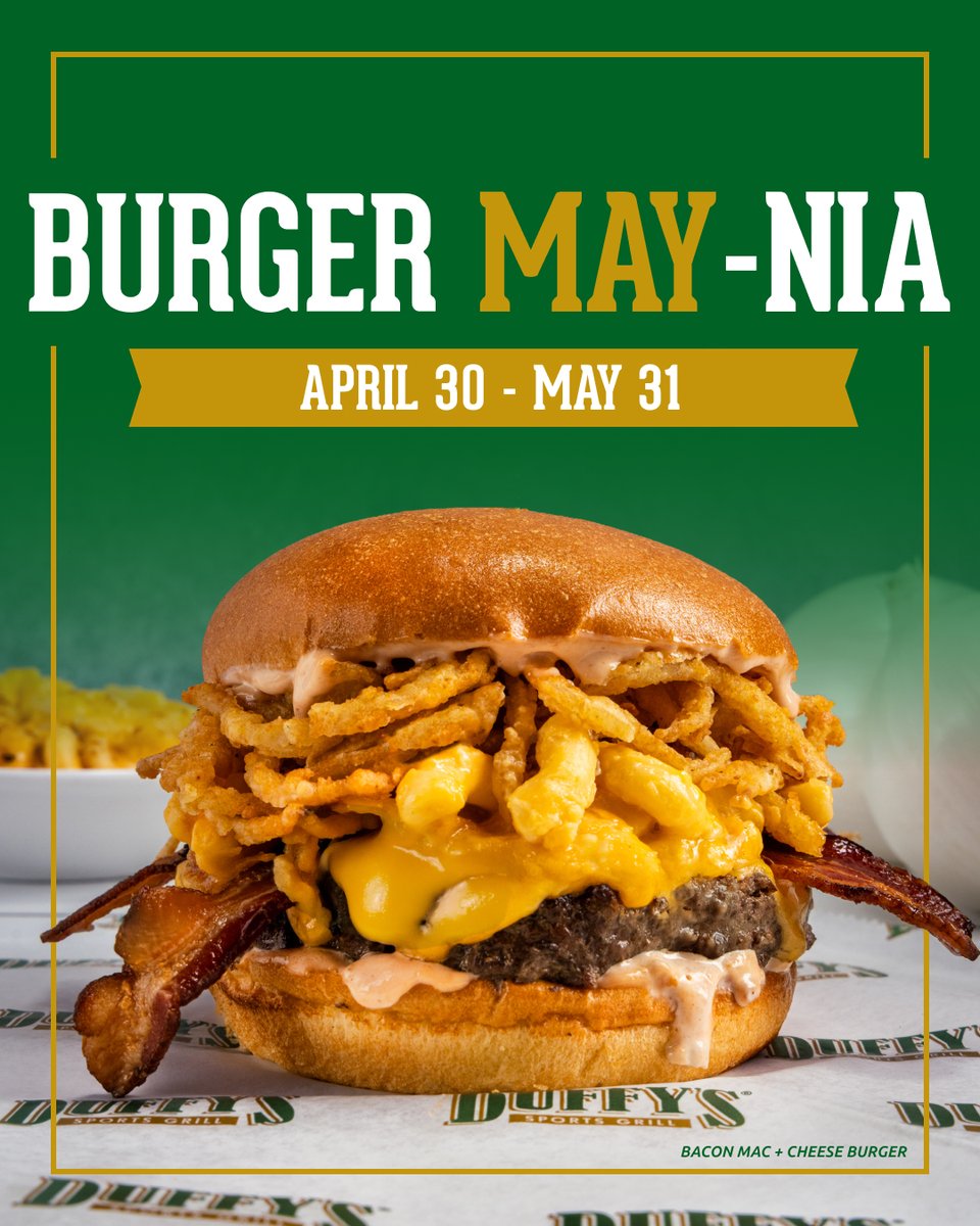 duffysmvp's tweet photo. ⏰ Last chance for the Bacon Mac + Cheese Burger. 🍔🧀

A 1/2 lb. Certified Angus Beef® patty stacked with mac &amp; cheese, American cheese, bacon, crispy onion strings, and chipotle mayo.

Available TODAY ONLY before #NationalBurgerMonth ends! https://t.co/WapQKDVU3w
