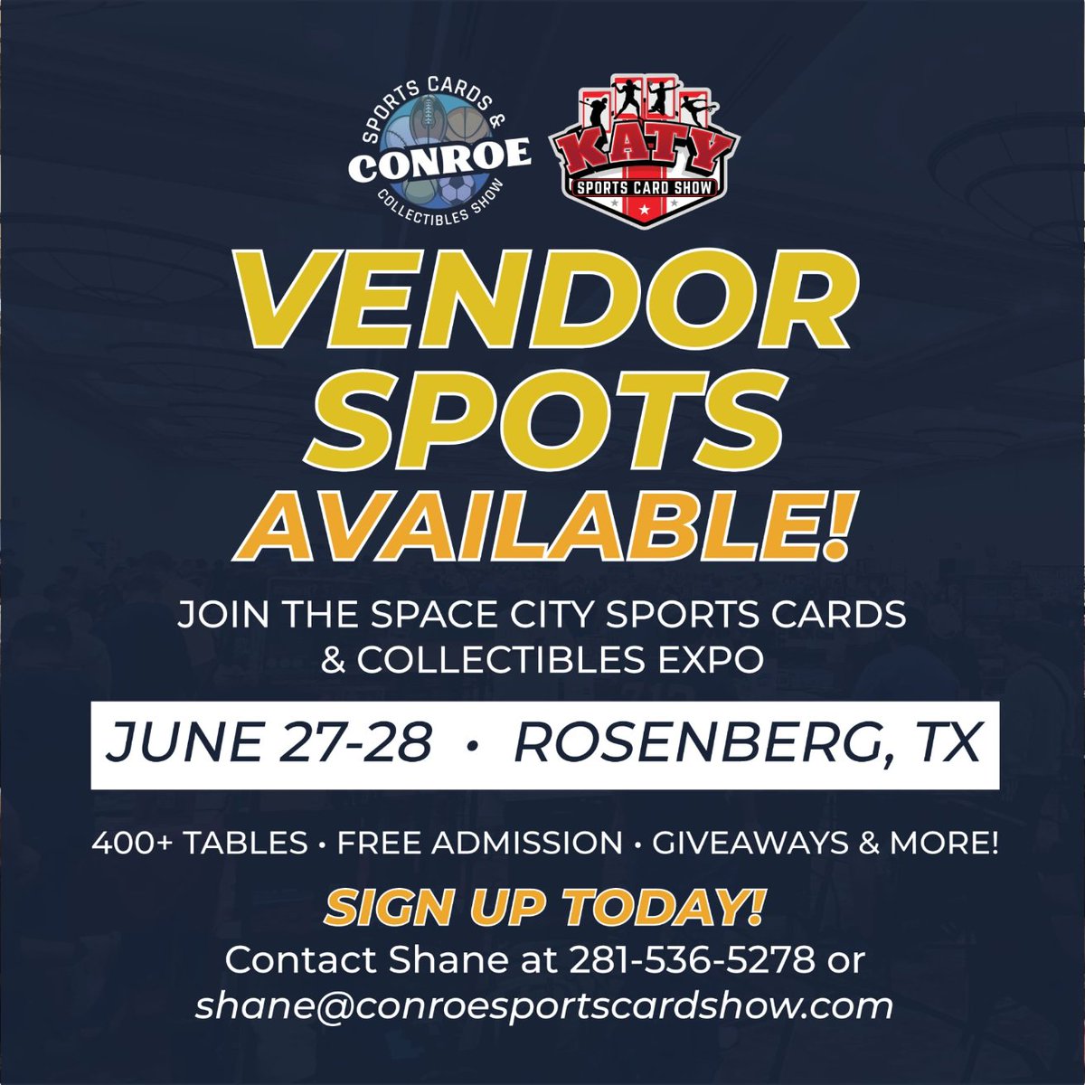 ConroeCardShow's tweet photo. We are looking for Vendors to join our team! 

Next show, The Space City Sports Cards &amp; Collectibles Expo. 410 tables!

If you have collectibles to sell we would love to have your join our Team!

DM me if interested!

#vendors #CardShows #community #collectibles #sportscards https://t.co/w3z6k9xL8e