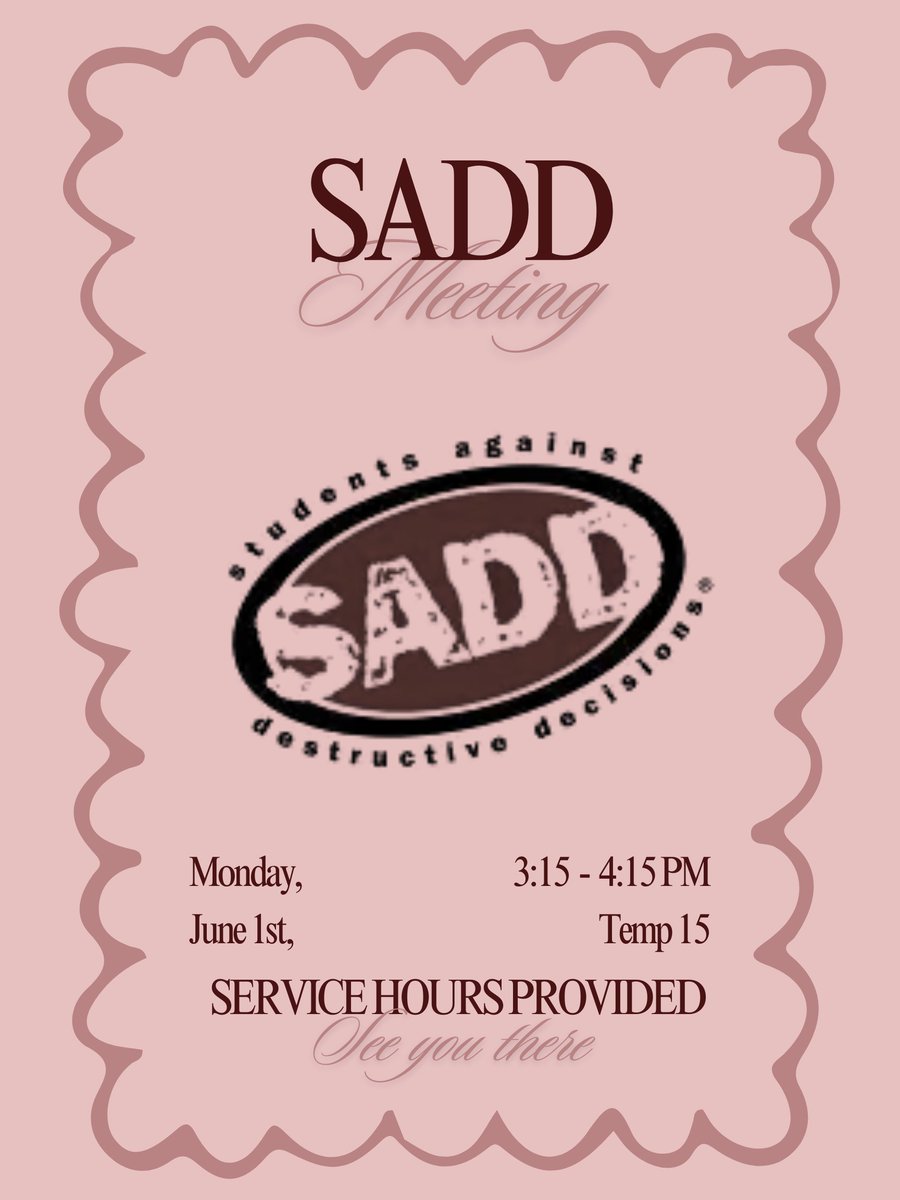 AgainstSADD's tweet photo. Hey Raider Nation! SADD will be having another meeting on Monday, June 1st. We'll finish our mental health presentations and plan the last meeting next Tuesday where we will be having a special guest. Any completed officer applications can be submitted early. See you there! https://t.co/GwQJnMEElF
