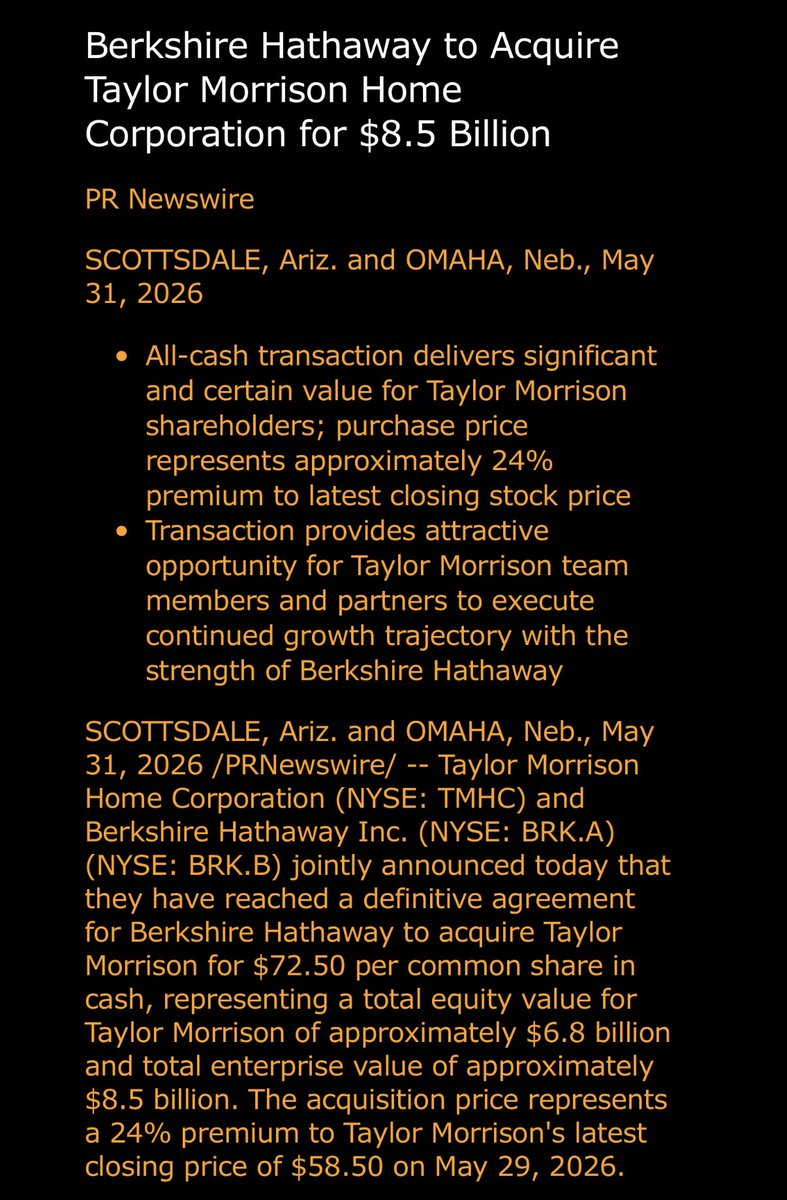 negligible_cap's tweet photo. *BERKSHIRE TO ACQUIRE TAYLOR MORRISON FOR $72.50 A SHARE IN CASH

First $BRK.B acquisition in forever - buying $TMHC for $8.5B all in, or $72.5 / share all cash https://t.co/cNCiCwIMa3