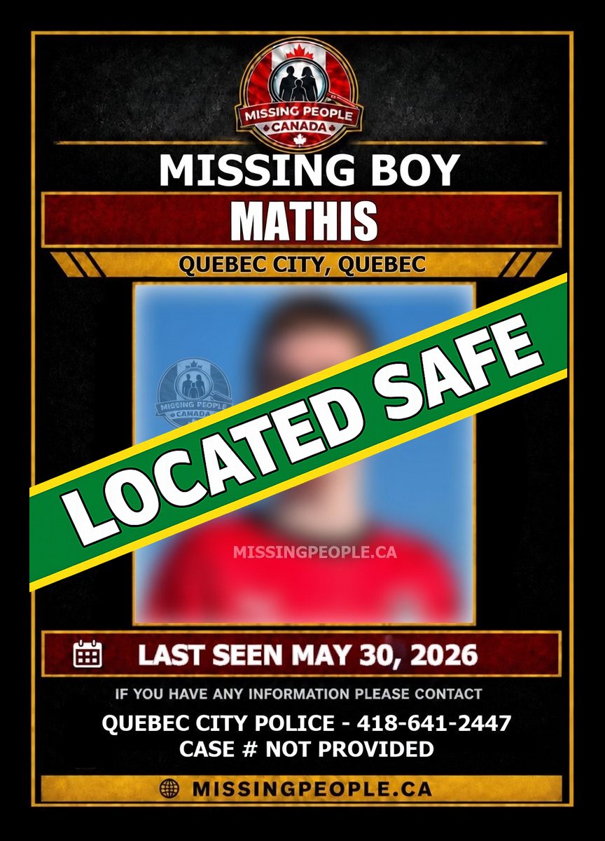 Missing_CA's tweet photo. LOCATED SAFE – MATHIS

Mathis who was reported missing from Quebec City (Charlesbourg), Quebec has been located safe.

Thank you to the community for your assistance.

#LocatedSafe #Mathis #QuebecCity #Charlesbourg #Quebec #MissingPersonLocated #MissingPeopleCanada https://t.co/QGMQ3tjw5v
