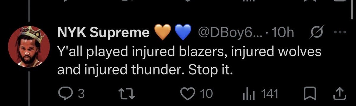 KLKaarma's tweet photo. @DBoy626 @Millan63745189 @flordiin @Mojo99_ You brought up excuses first lil bro. Every team is injured it’s game 100 of the season. https://t.co/iTgL1UT9EB