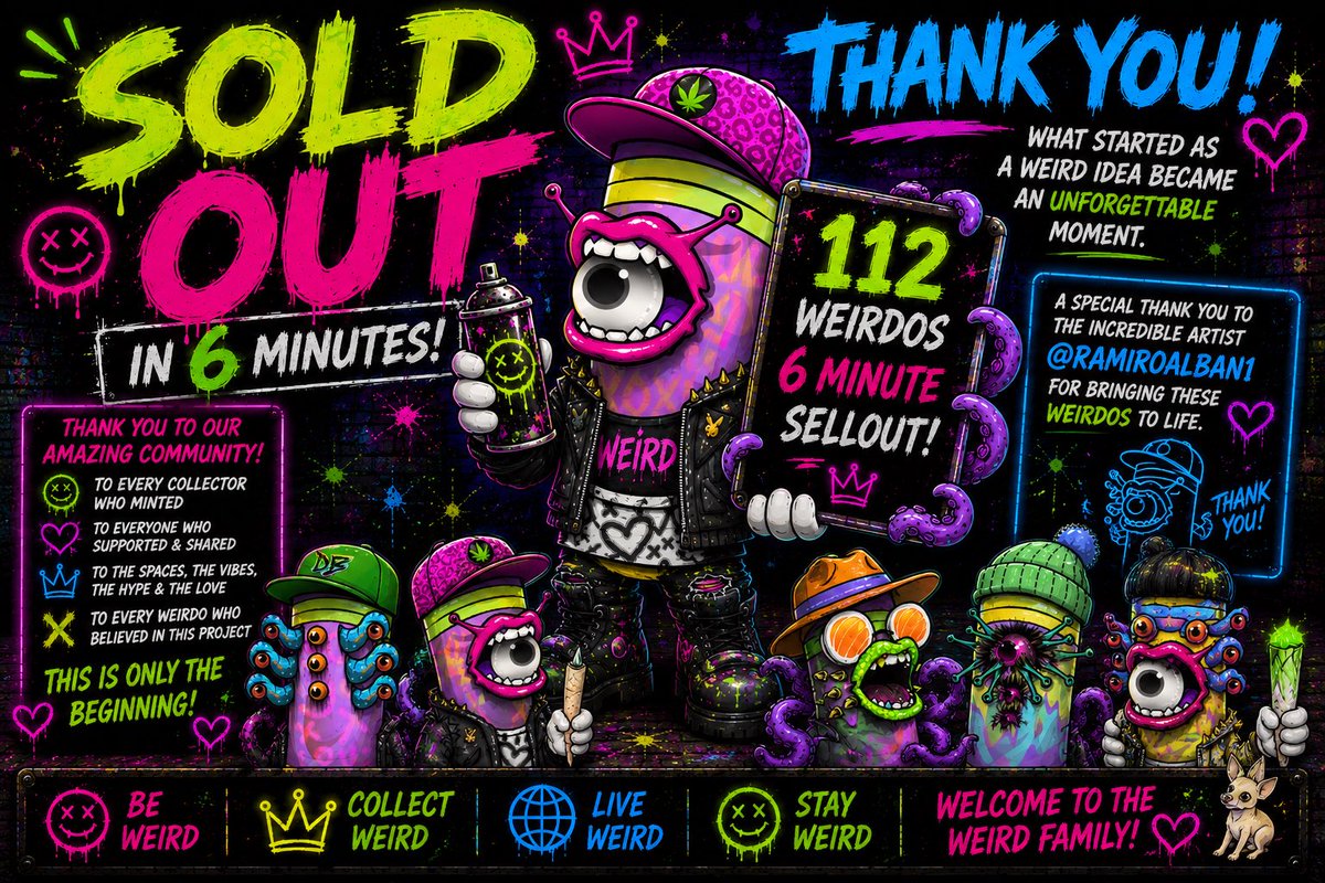 digijointz's tweet photo. 👁️ THANK YOU 👁️

https://t.co/wNJAVJ7tZQ

WEIRD sold out in just 6 minutes.

We're beyond grateful for the support.
Thank you to @ramiroalban1 for sharing his vision with the world.
Thank you to every collector who minted.

Thank you to every person who liked, reposted, joined Spaces, and spread the word.

The weirdest community just got a little bigger. ❤️🔥

Stay Weird.