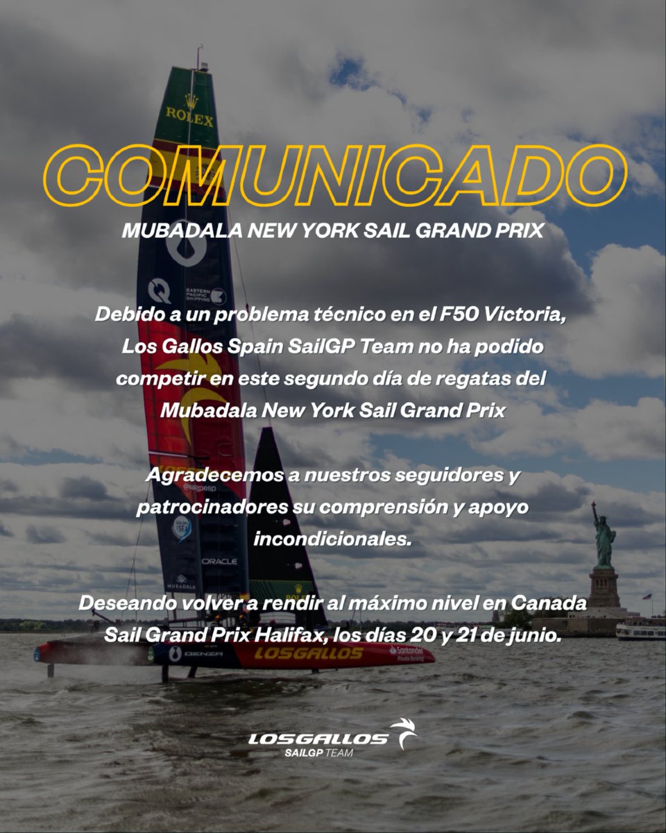 SailGPESP's tweet photo. ‼️COMUNICADO OFICIAL‼️

#NewYorkSGP #SailGP #SailGPESP #VamosGallos #Adrenaline #Sailing #Racing
@denza_spain @northsails_collection @santanderprivatebanking @sailorsforthesea @vamos @criscontracancer @epshipping https://t.co/EZSZGvMIjN