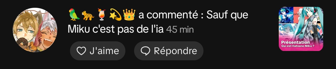 ValouNatsuki's tweet photo. C'est une vidéo où je présente Hatsune Miku et dans laquelle je commence en disant "une IA sur scène qui chante devant des milliers de personnes alors qu'elle n'existe pas" pour que ça serve de contexte pour ensuite démontrer ce qu'elle est réellement.
Les commentaires : https://t.co/tmZVpg5y6e