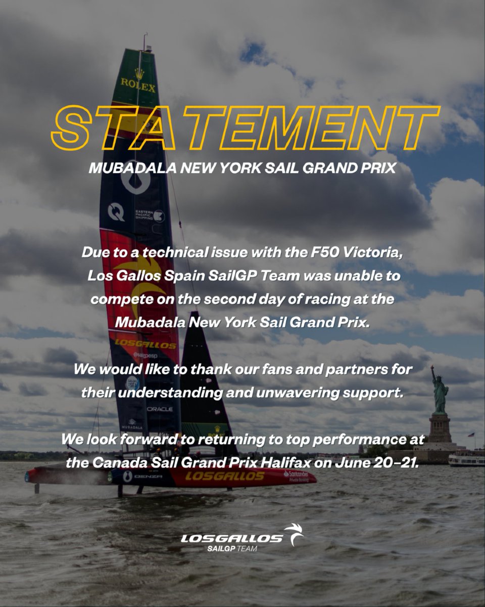 SailGPESP's tweet photo. ‼️COMUNICADO OFICIAL‼️

#NewYorkSGP #SailGP #SailGPESP #VamosGallos #Adrenaline #Sailing #Racing
@denza_spain @northsails_collection @santanderprivatebanking @sailorsforthesea @vamos @criscontracancer @epshipping https://t.co/EZSZGvMIjN