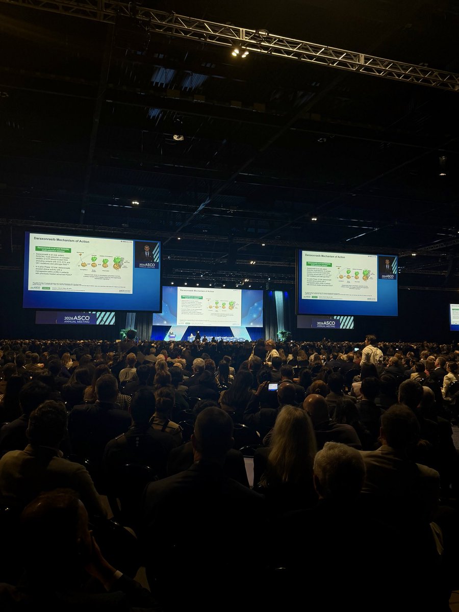 DanaFarber's tweet photo. Brian Wolpin, MD, MPH, presents positive results from the RASolute 302 trial showing a substantial prolongation of survival for patients with previously treated metastatic pancreatic cancer, regardless of RAS mutation status, taking daraxonrasib, an investigational oral RAS(ON) multi-selective inhibitor, compared with chemotherapy. #ASCO26