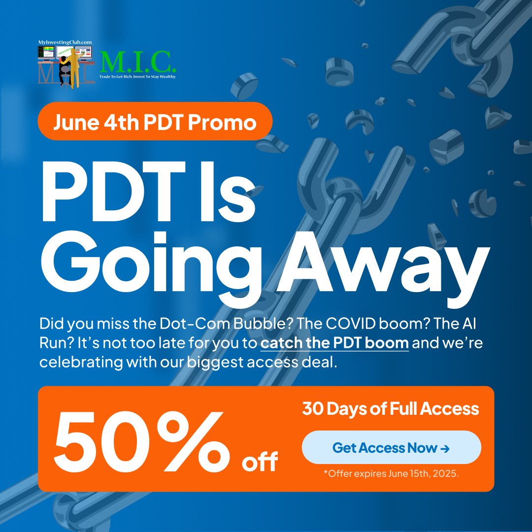 MyInvestingClub's tweet photo. Big News for Day Traders: The PDT Rule is Officially Gone 

Starting June 4th, the restrictive Pattern Day Trader rule is disappearing — opening the door for more traders than ever.

To celebrate, we’re offering 50% off our 30-Day Access — which includes full access to Alex’s live trading stream.

This is your chance to level up with real-time strategies, expert guidance, and the freedom to trade without old barriers.

Ready to start day trading?

👇 Tap the link below

https://t.co/mxwzJhMuVR