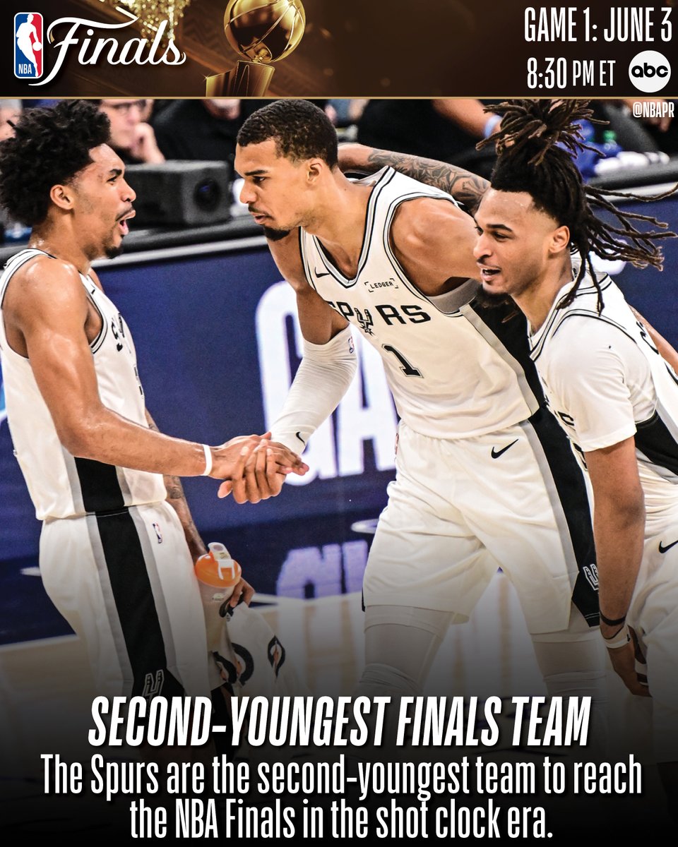 NBAPR's tweet photo. The Spurs are the second-youngest team to reach the NBA Finals in the shot clock era (average age, weighted by postseason playing time):

1976-77 Trail Blazers — 25.03
2025-26 Spurs — 25.06
2024-25 Thunder — 25.56

NBA Finals Game 1: Wednesday, June 3 at 8:30 p.m. ET on ABC. https://t.co/EaMl4KTlNi